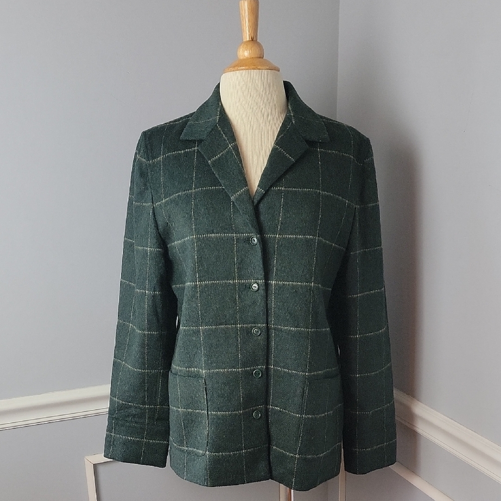 TALBOTS Green Plaid Wool Blend Patch Pocket Button Down Preppy Shacket Blazer 10
